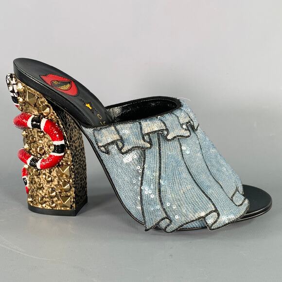 GUCCI Size 8 Trompe L'oeil Blue Red Gold Beaded Mules Sandals - Picture 2 of 10